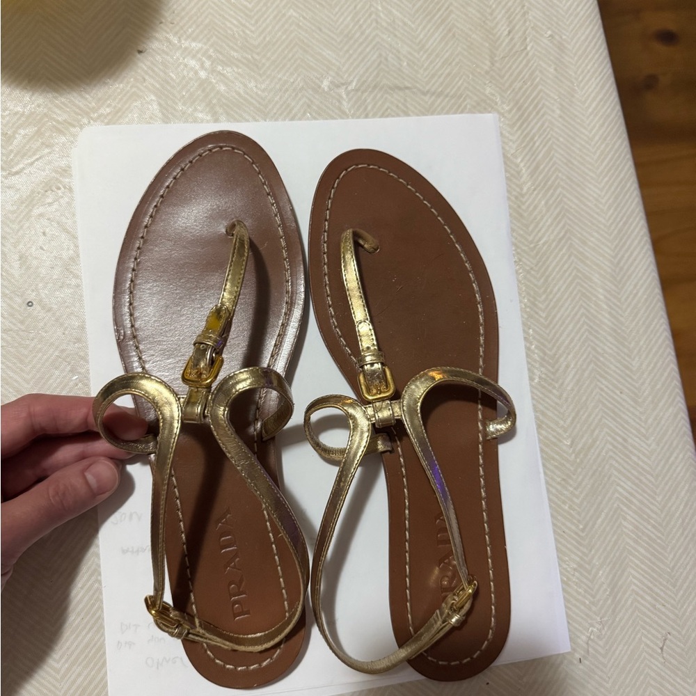Prada Gold and Brown T-Strap Sandals